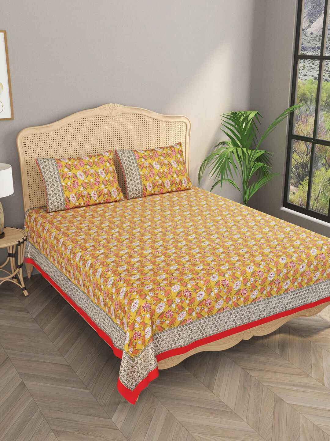 Gulaab Jaipur Yellow & White Floral 600 TC King Bedsheet with 2 Pillow Covers Price in India