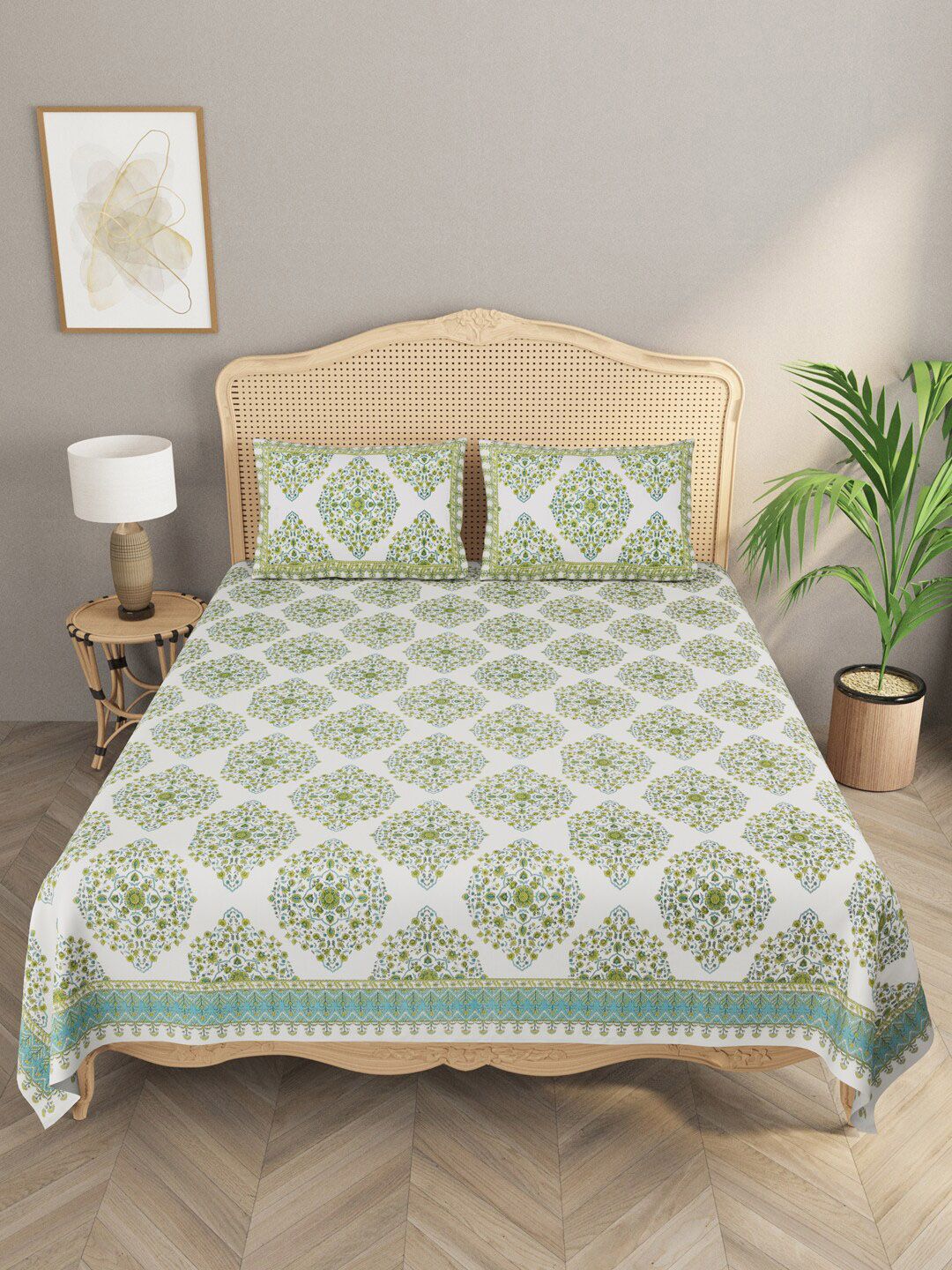 Gulaab Jaipur Green Ethnic Motifs 600 TC 1 King Bedsheet with 2 Pillow Covers Price in India