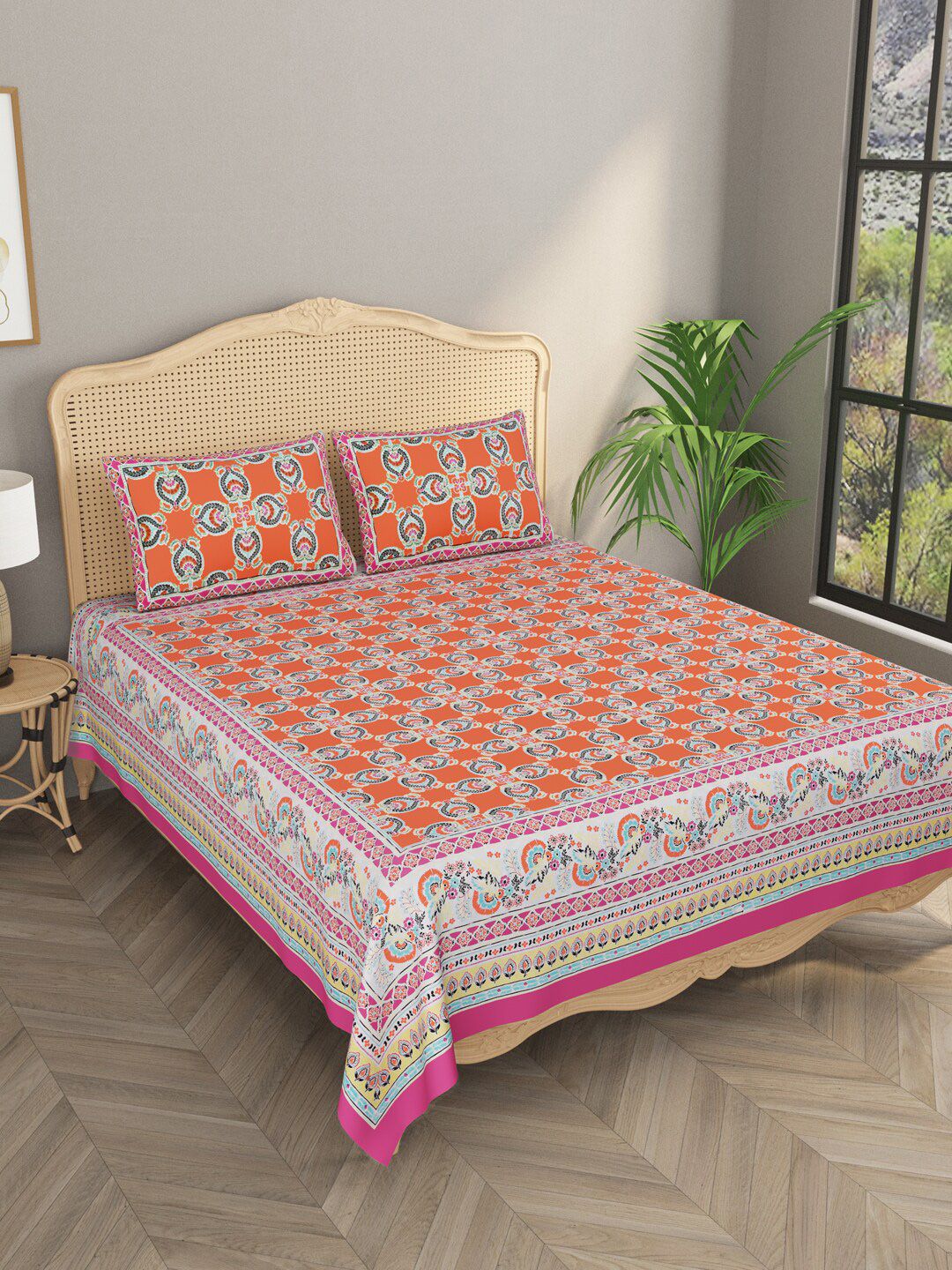 Gulaab Jaipur Orange & Blue Ethnic Motifs Cotton 600 TC King Bedsheet with 2 Pillow Covers Price in India