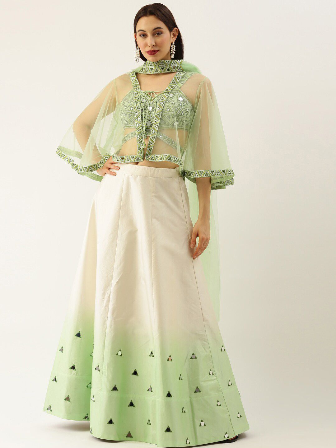 panchhi Green & Off-White Embellished Handmade Ready to Wear Lehenga & Blouse With Dupatta Price in India