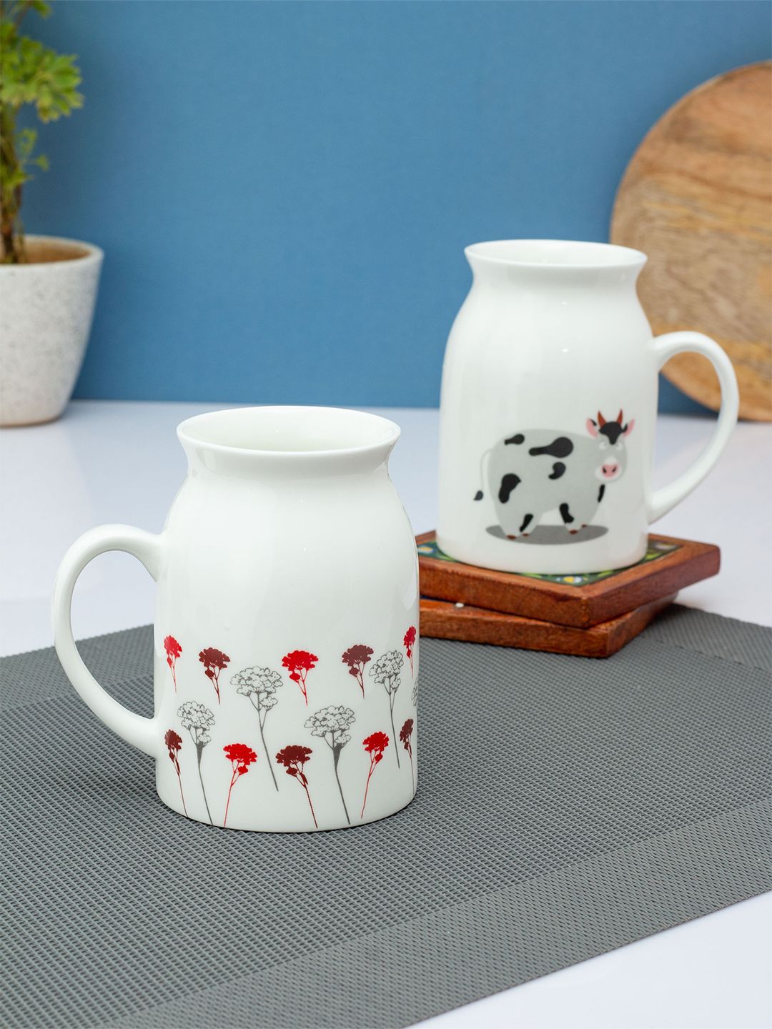 CLAY CRAFT Set of 2 White & Red Printed Ceramic Glossy Mug Price in India