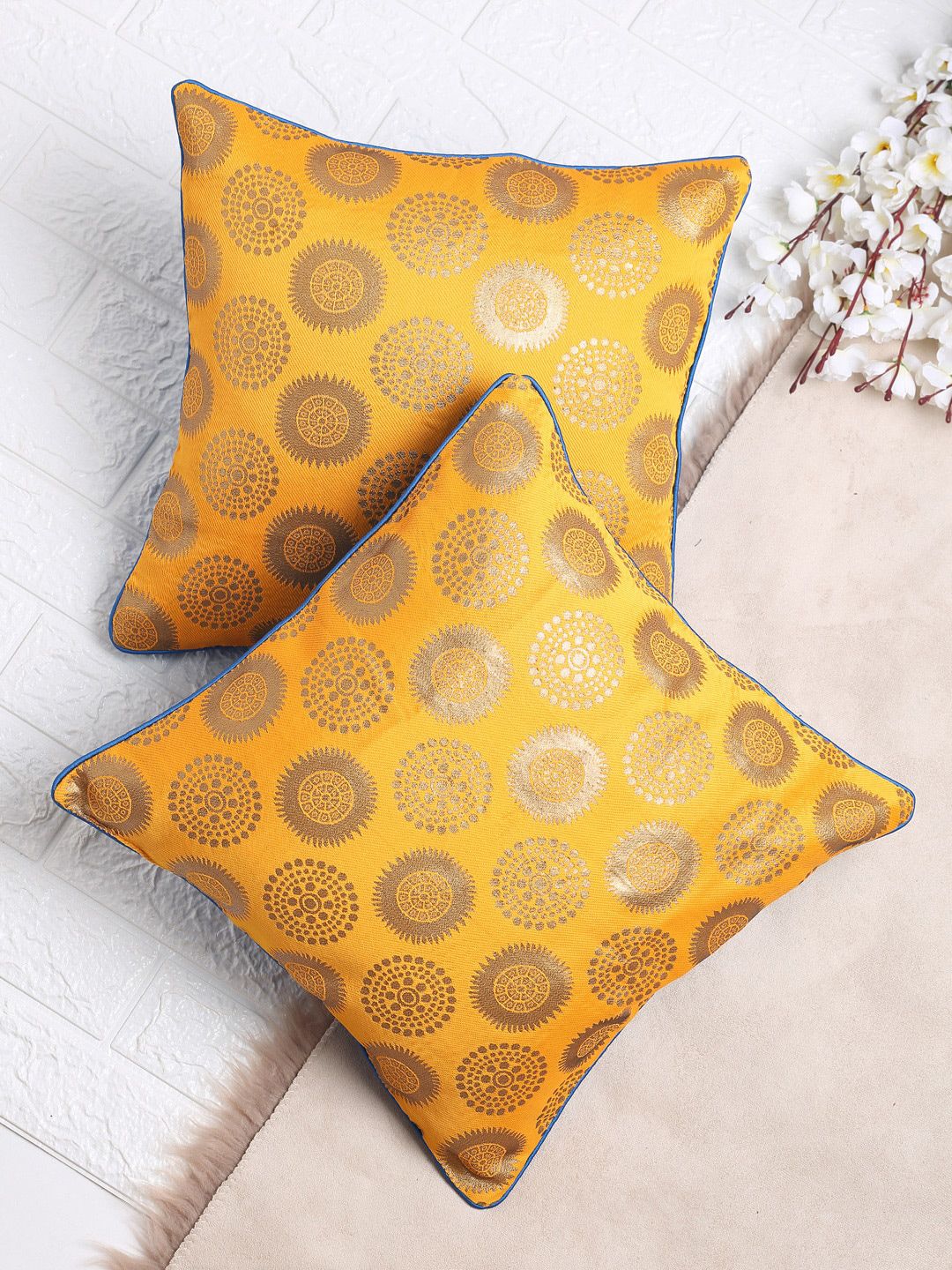SAKA DESIGNS Yellow & Blue Set of 2 Ethnic Motifs Square Cushion Covers Price in India
