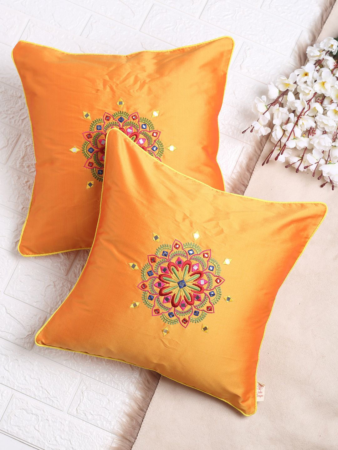 SAKA DESIGNS Mustard & Red Set of 2 Embroidered Square Cushion Covers Price in India