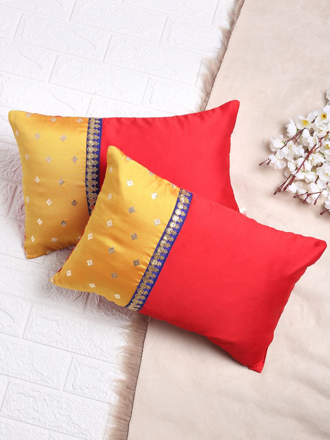 SAKA DESIGNS Set of 2 Red & Yellow Printed Rectangle Cushion Covers Price in India