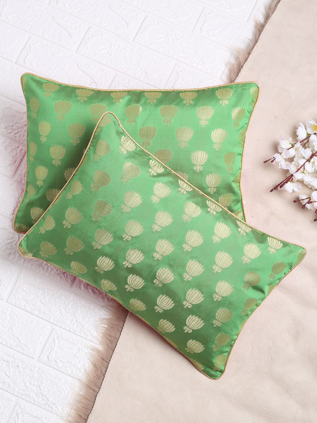 SAKA DESIGNS Set of 2 Green & Magenta Lotus Pattern Jacquard Rectangle Cushion Covers Price in India