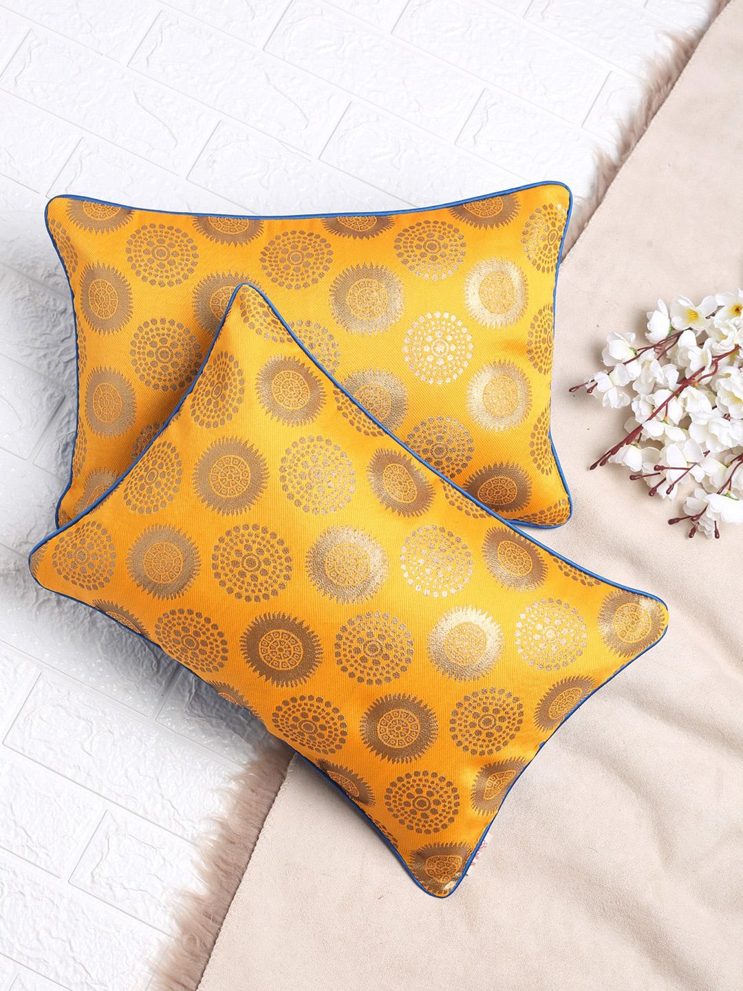 SAKA DESIGNS Yellow & Gold-Toned Set of 2 Ethnic Motifs Rectangle Cushion Covers Price in India