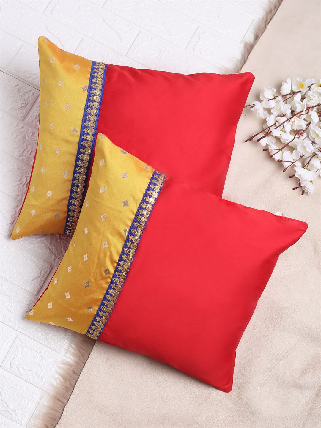 SAKA DESIGNS Red & Yellow Set of 2 Embellished Square Cushion Covers Price in India