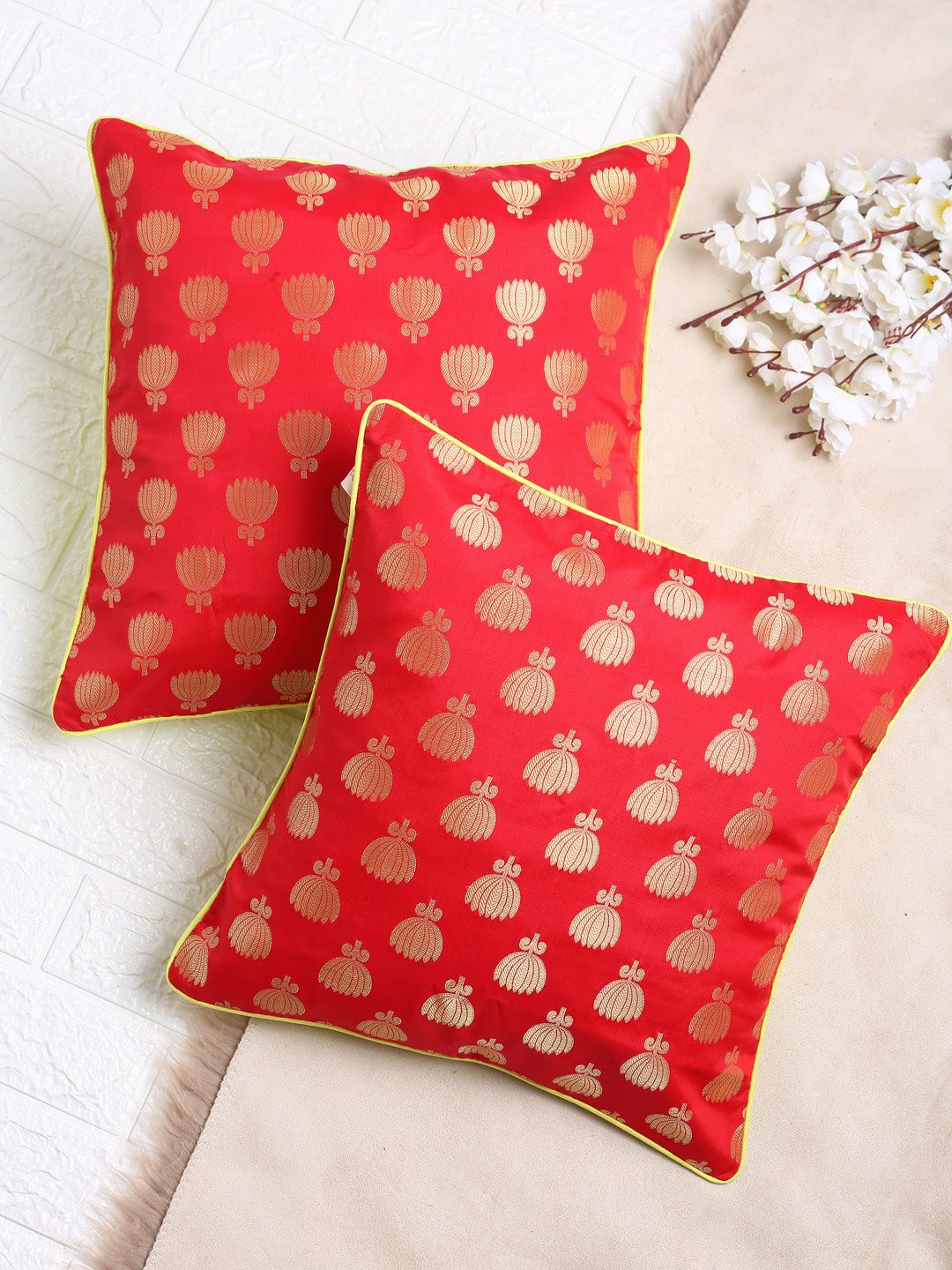 SAKA DESIGNS Set of 2 Red & Gold Ethnic Motifs Square Cushion Covers Price in India