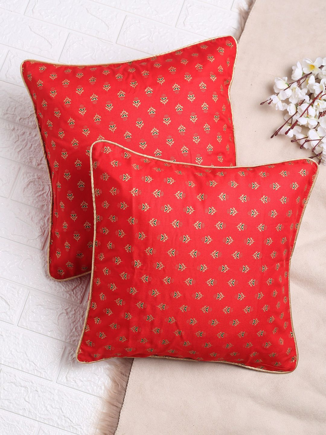SAKA DESIGNS Red & Gold-Toned Set of 2 Ethnic Motifs Square Cushion Covers Price in India