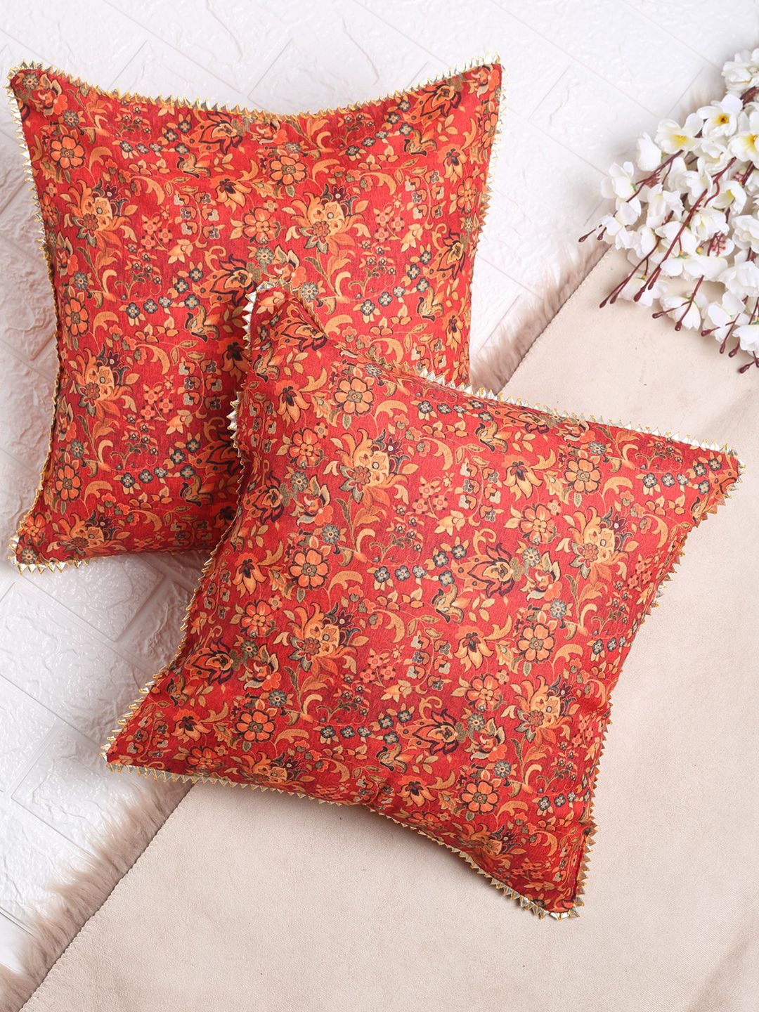 SAKA DESIGNS Orange Ethnic Motifs Square Cushion Covers Price in India