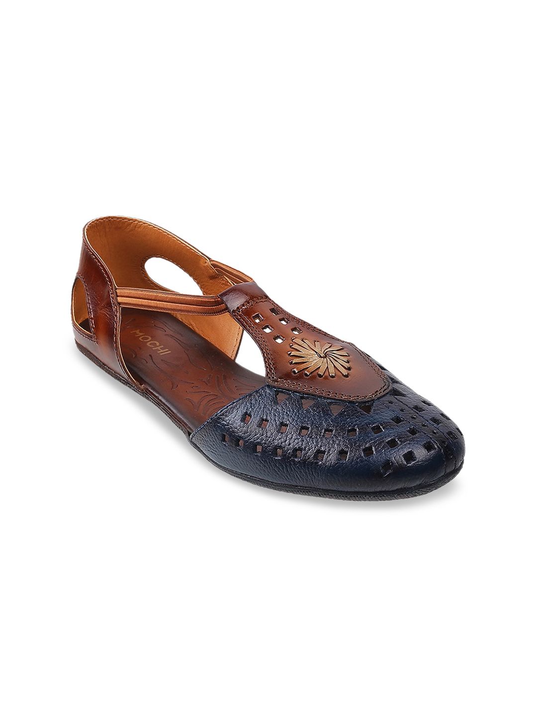 Mochi Women Brown Leather Ballerinas with Laser Cuts