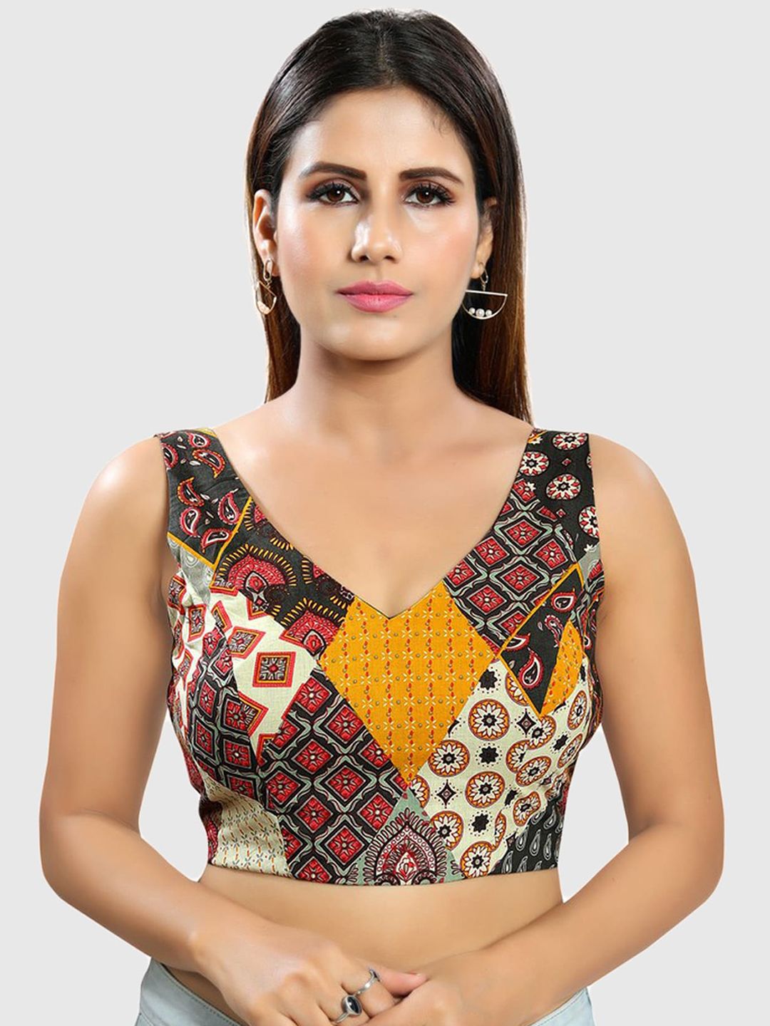 SALWAR STUDIO Women Grey Printed Readymade Saree Blouse Price in India