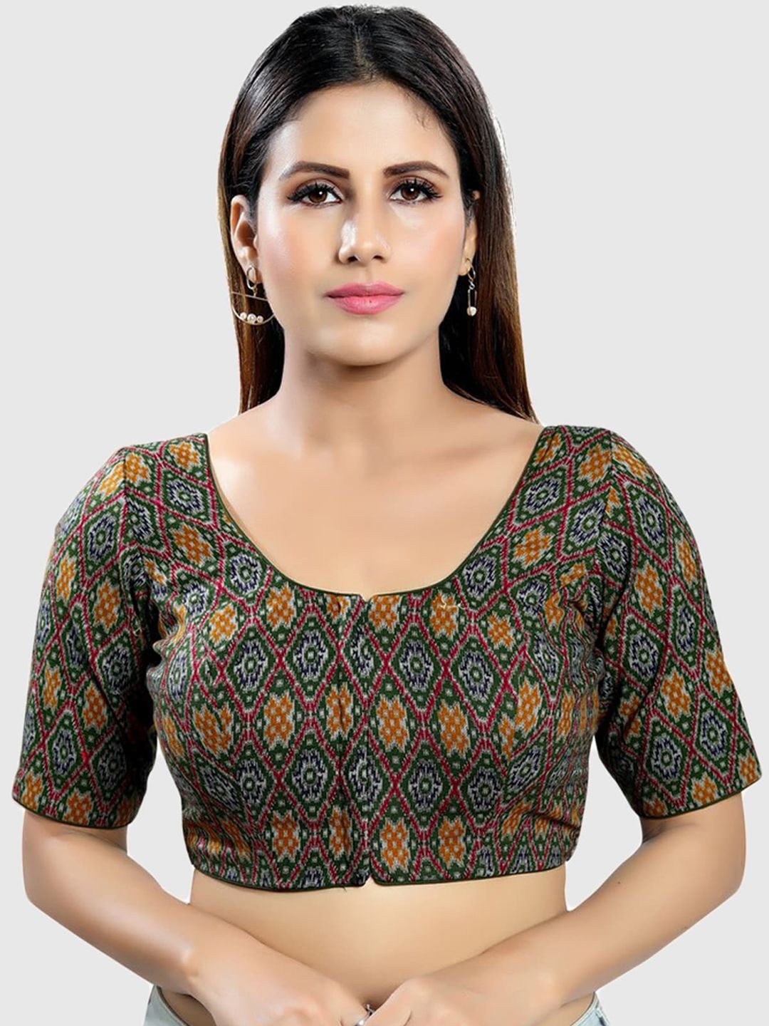 SALWAR STUDIO Women Green Cotton Blend Printed Readymade Saree Blouse Price in India