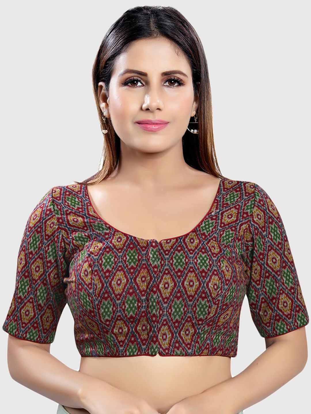 SALWAR STUDIO Maroon & Green Printed Cotton Blend Readymade Saree Blouse Price in India