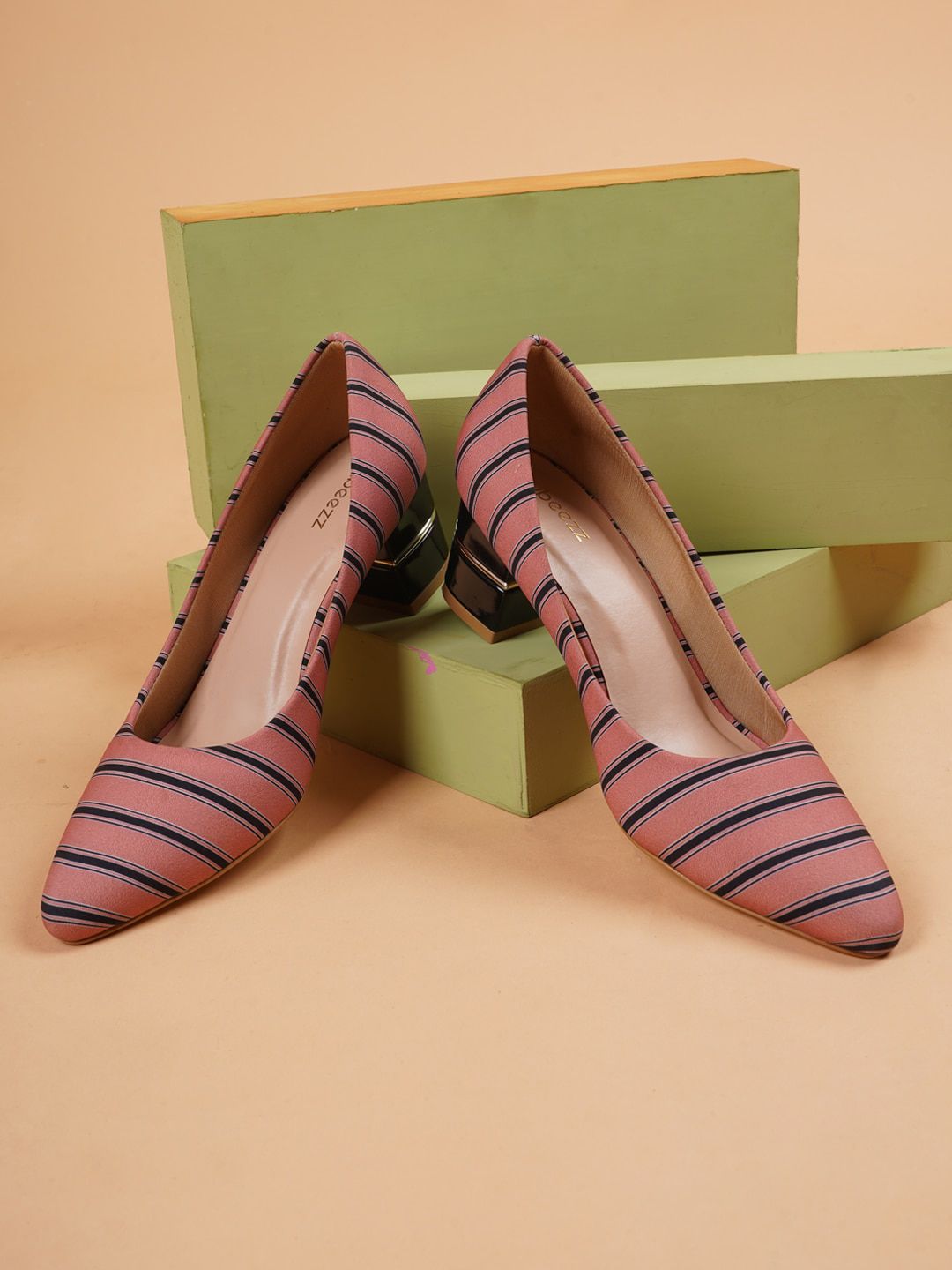 Rubeezz Women Peach-Coloured Striped Party Block Pumps Price in India