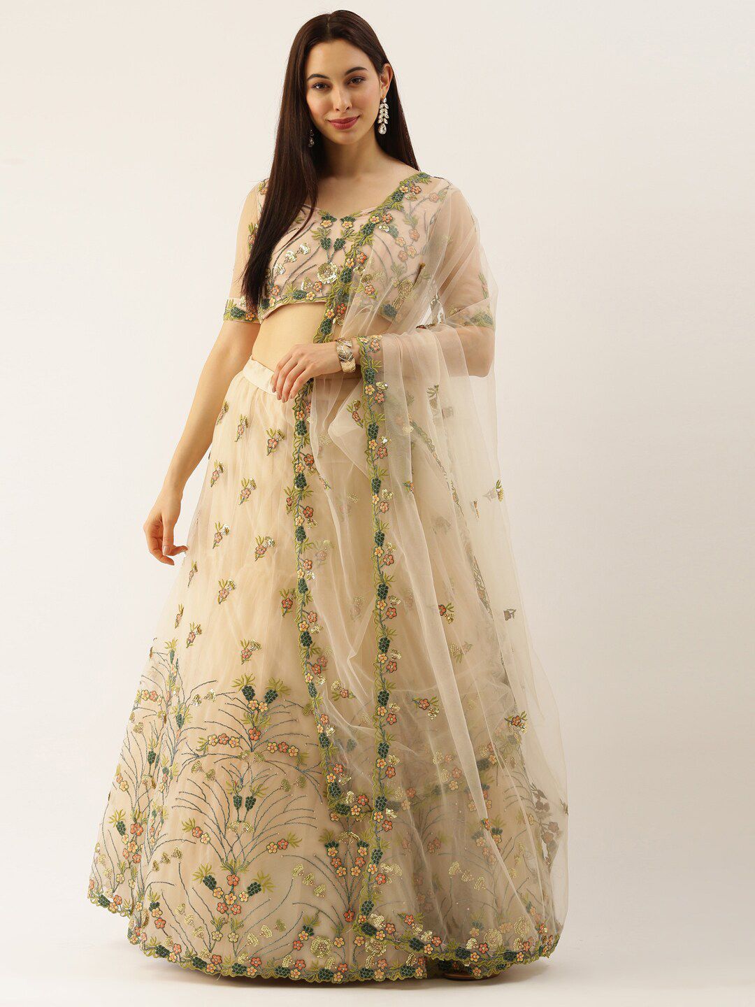 panchhi Cream-Coloured & Green Embroidered Sequinned Semi-Stitched Lehenga & Unstitched Blouse With Dupatta Price in India