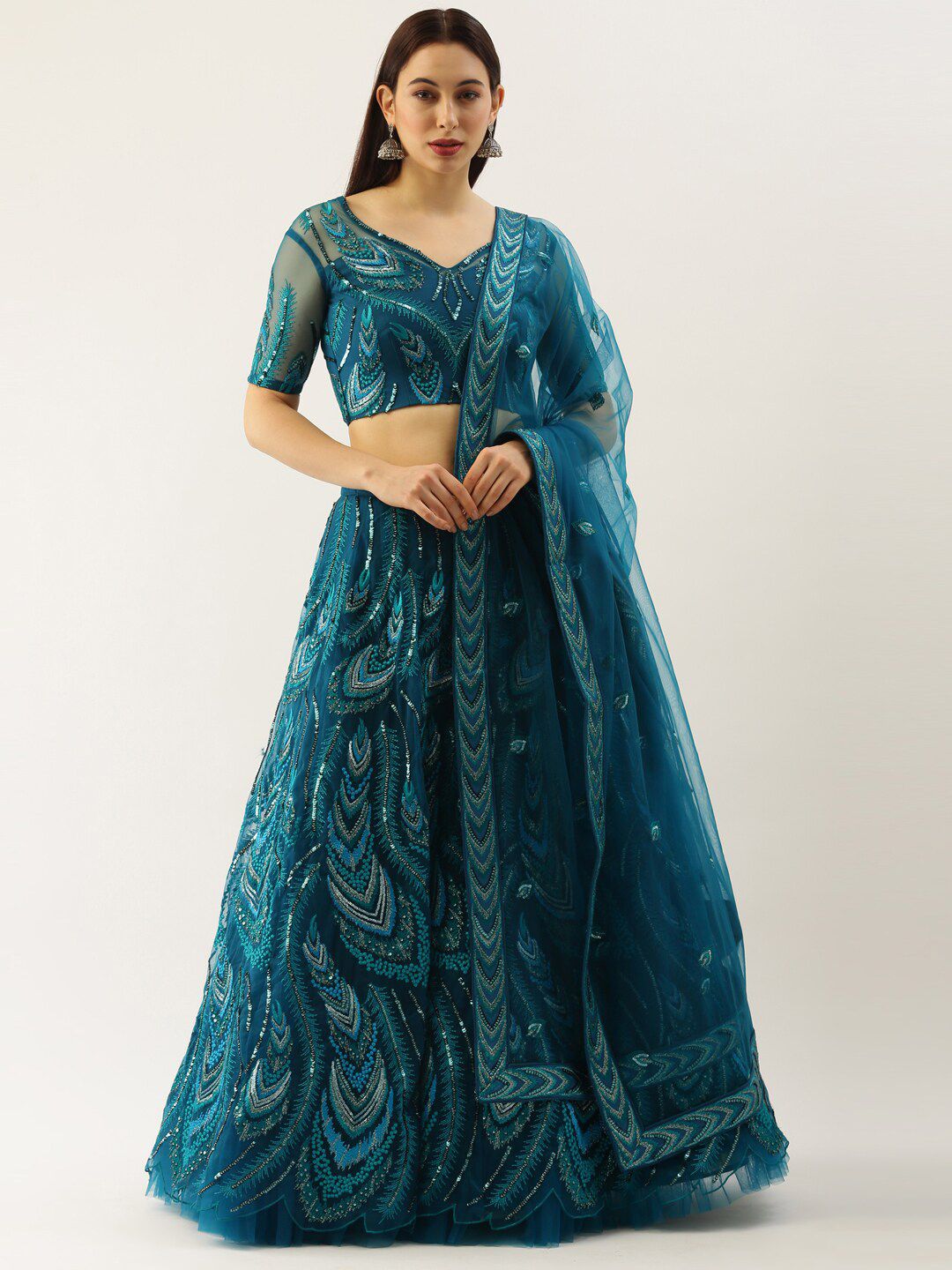 panchhi Teal Embroidered Sequinned Semi-Stitched Lehenga & Unstitched Blouse With Dupatta Price in India