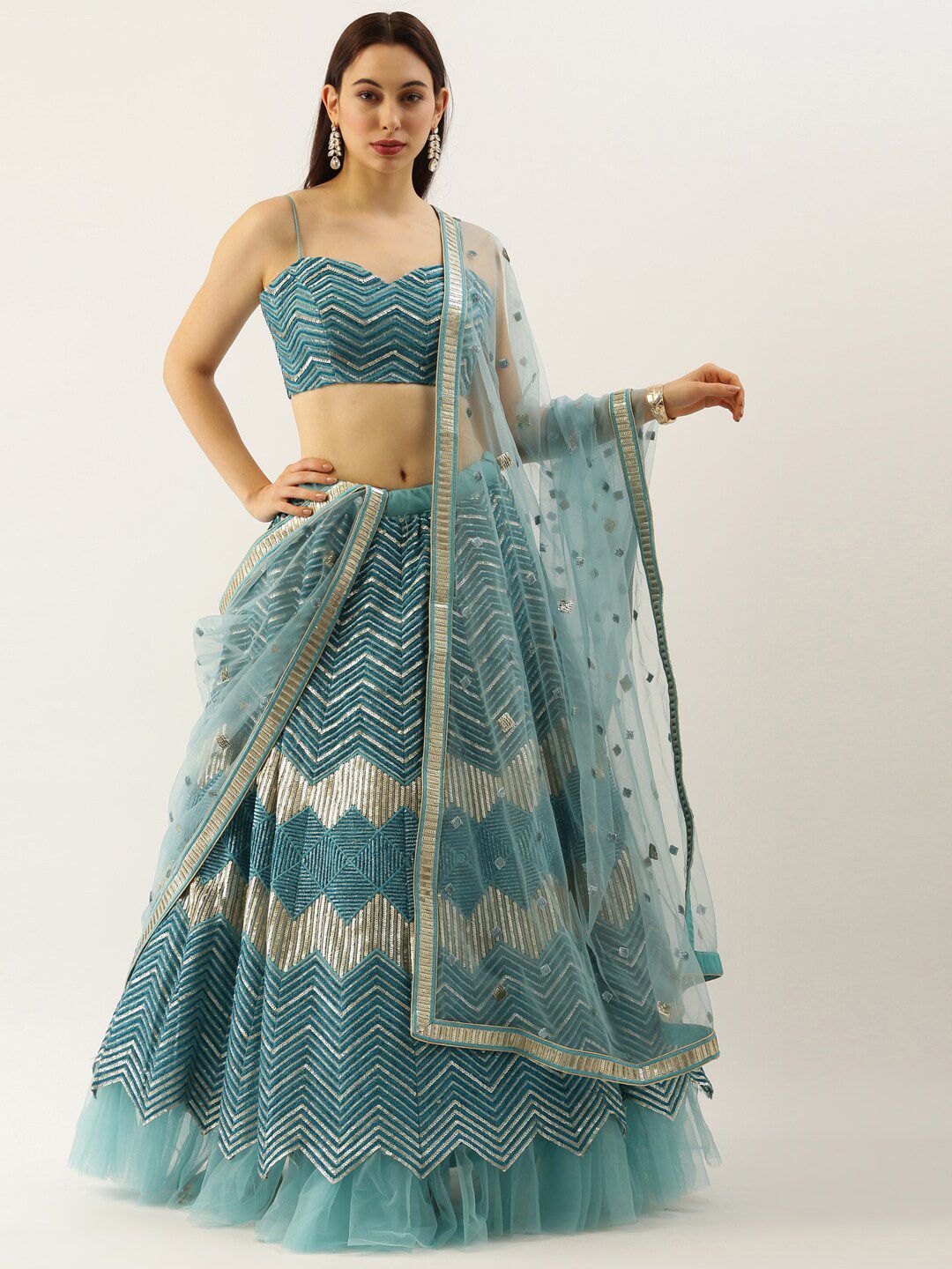 panchhi Sea Green & Gold-Toned Embroidered Sequinned Semi-Stitched Lehenga & Unstitched Blouse With Dupatta Price in India