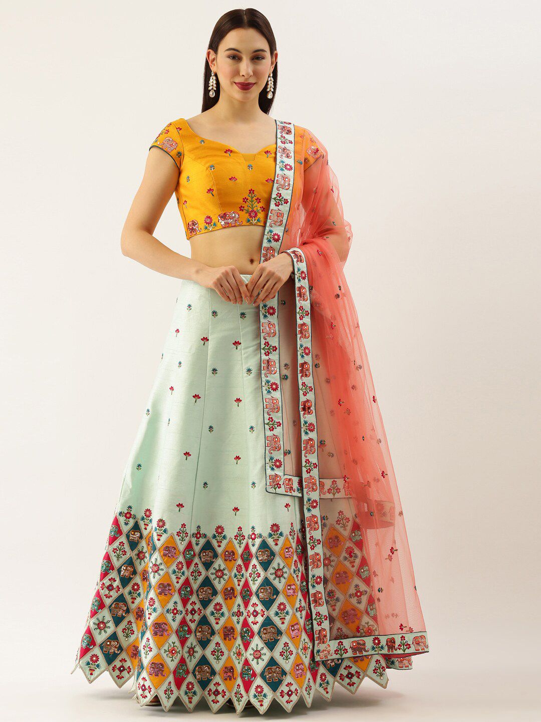 panchhi Sea Green Patchwork Semi-Stitched Lehenga & Unstitched Blouse With Dupatta Price in India