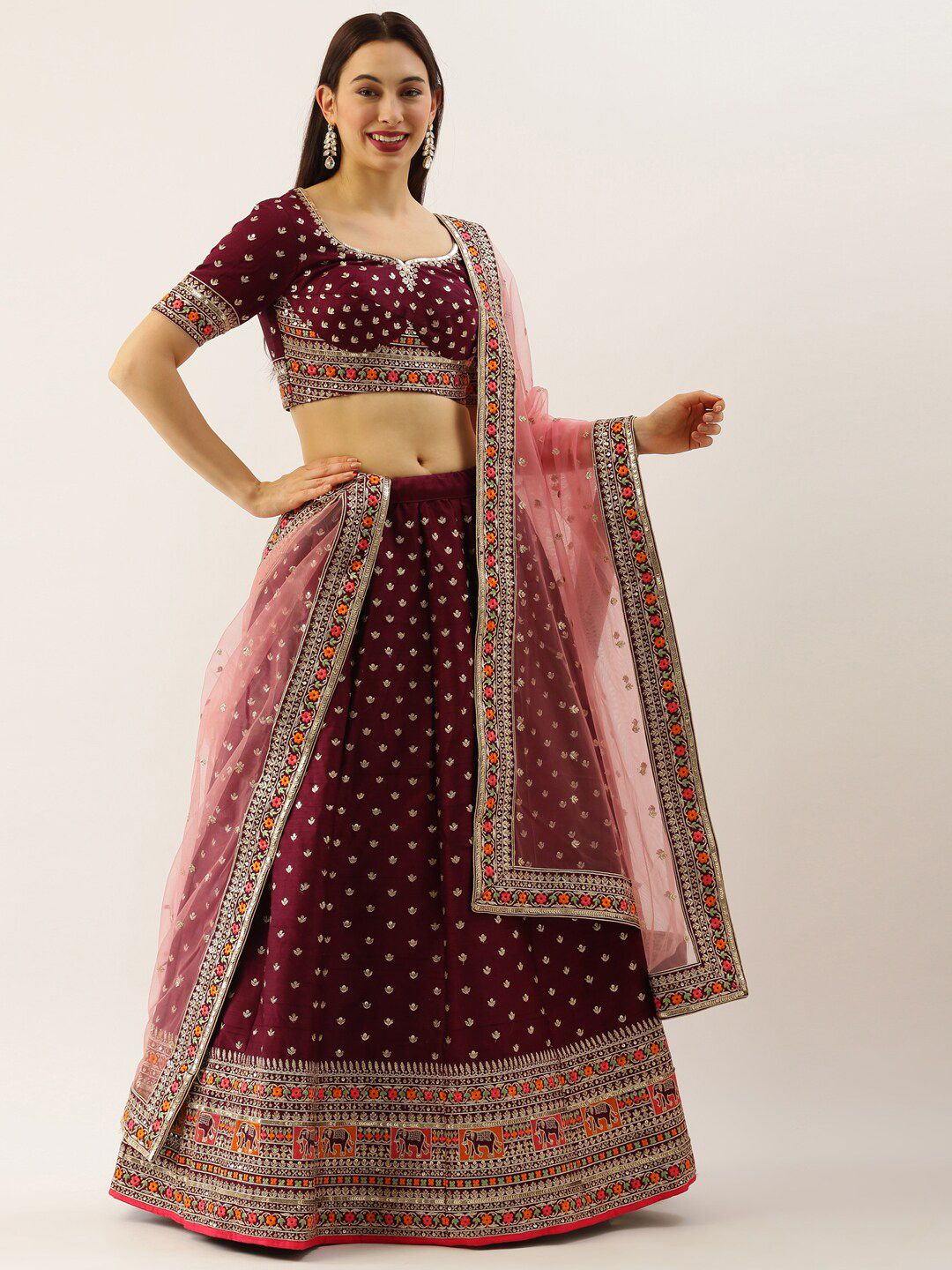 panchhi Burgundy Embroidered Semi-Stitched Lehenga & Unstitched Blouse With Dupatta Price in India