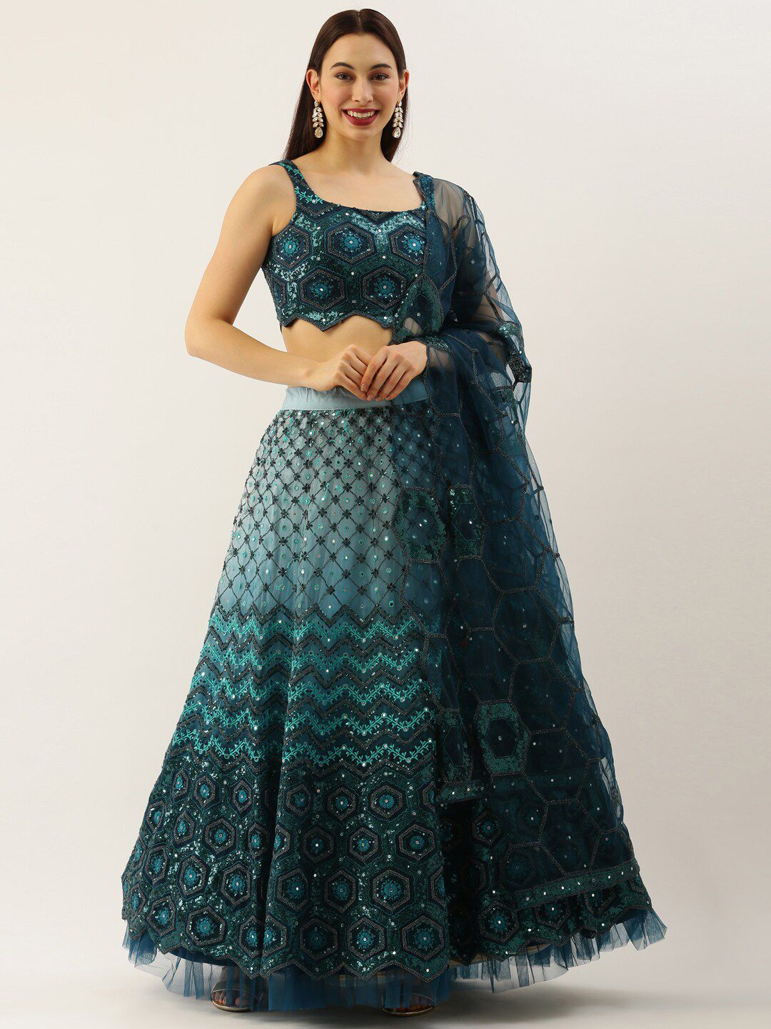 panchhi Teal Blue Embroidered Sequin SemiStitched Lehenga & Unstitched Blouse With Dupatta Price in India