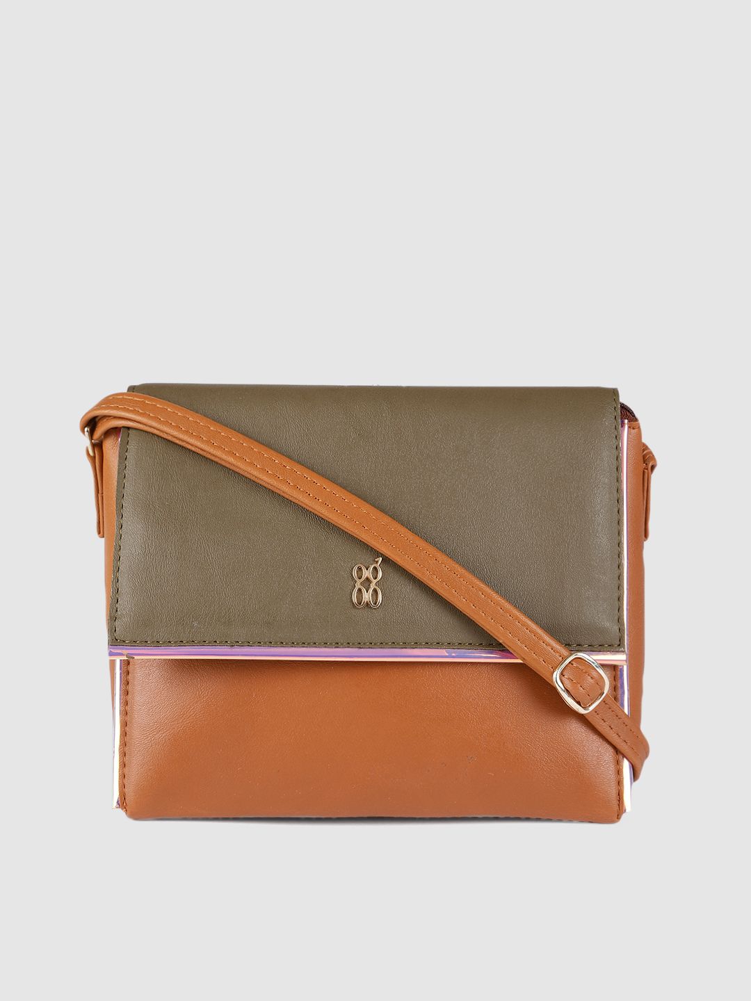 Baggit Tan Brown & Olive Green ASHLYN Colourblocked Structured Sling Bag Price in India