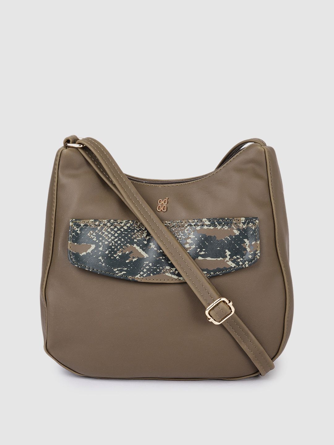 Baggit Olive Green Solid Regular Structured Sling Bag with Printed Flap Applique Detail Price in India