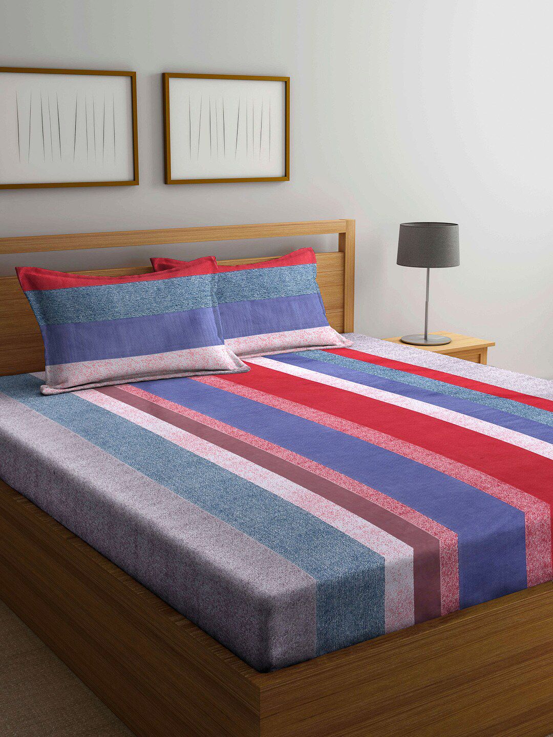 Arrabi Blue & Red Striped 300 TC 1 Super King Bedsheet with 2 Pillow Covers Price in India