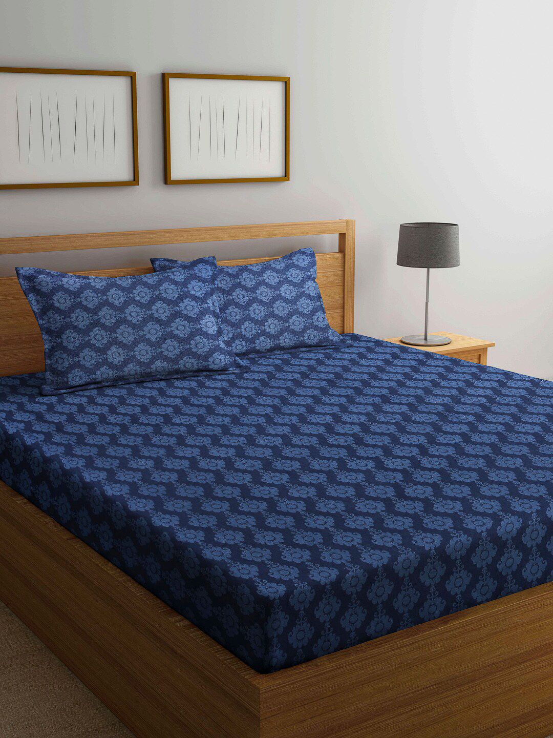 Arrabi Blue Ethnic Motifs 300 TC King Bedsheet with 2 Pillow Covers Price in India
