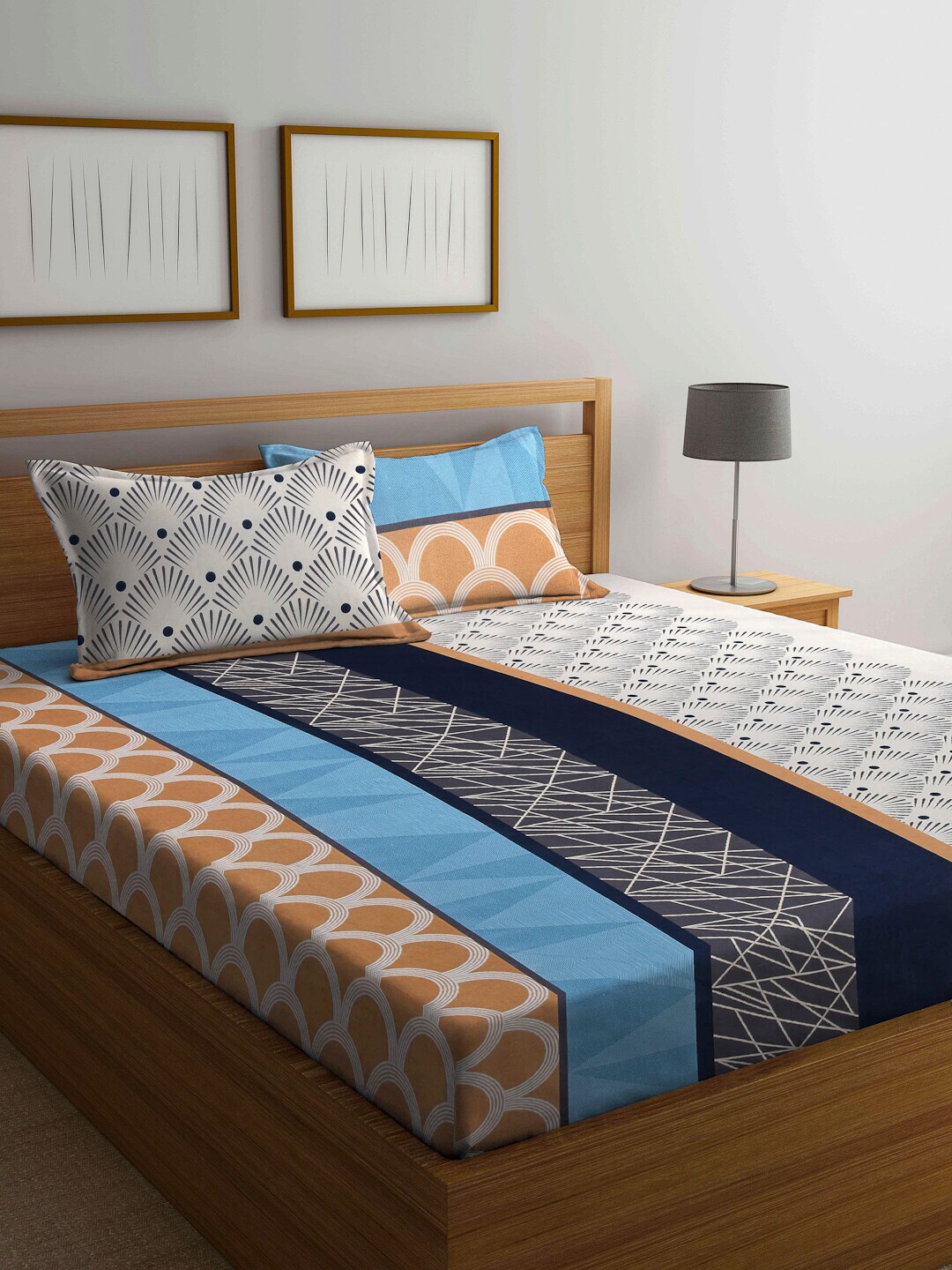 Arrabi Blue & Grey Geometric 300 TC Super King Bedsheet with 2 Pillow Covers Price in India