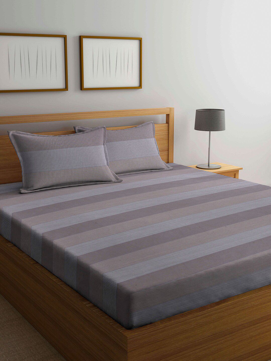 Arrabi Grey & Beige Striped Cotton 300 TC King Bedsheet with 2 Pillow Covers Price in India