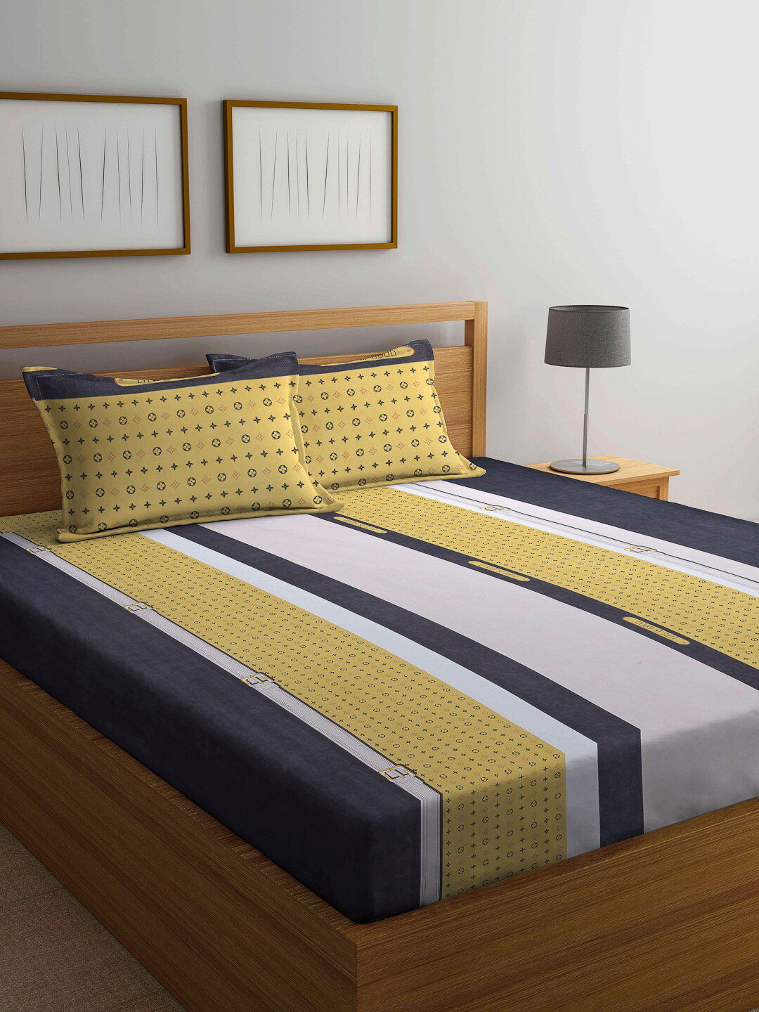 Arrabi Yellow & Black Striped 300 TC Super King Bedsheet with 2 Pillow Covers Price in India