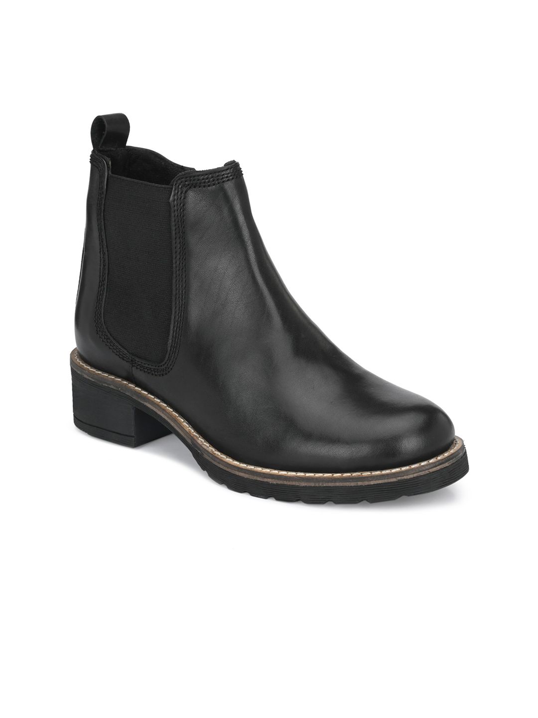 Delize Black Leather Block Heeled Boots Price in India