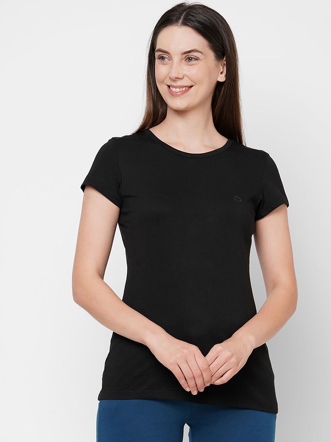 Sweet Dreams Women Black Solid Cotton Lounge T-Shirt Price in India