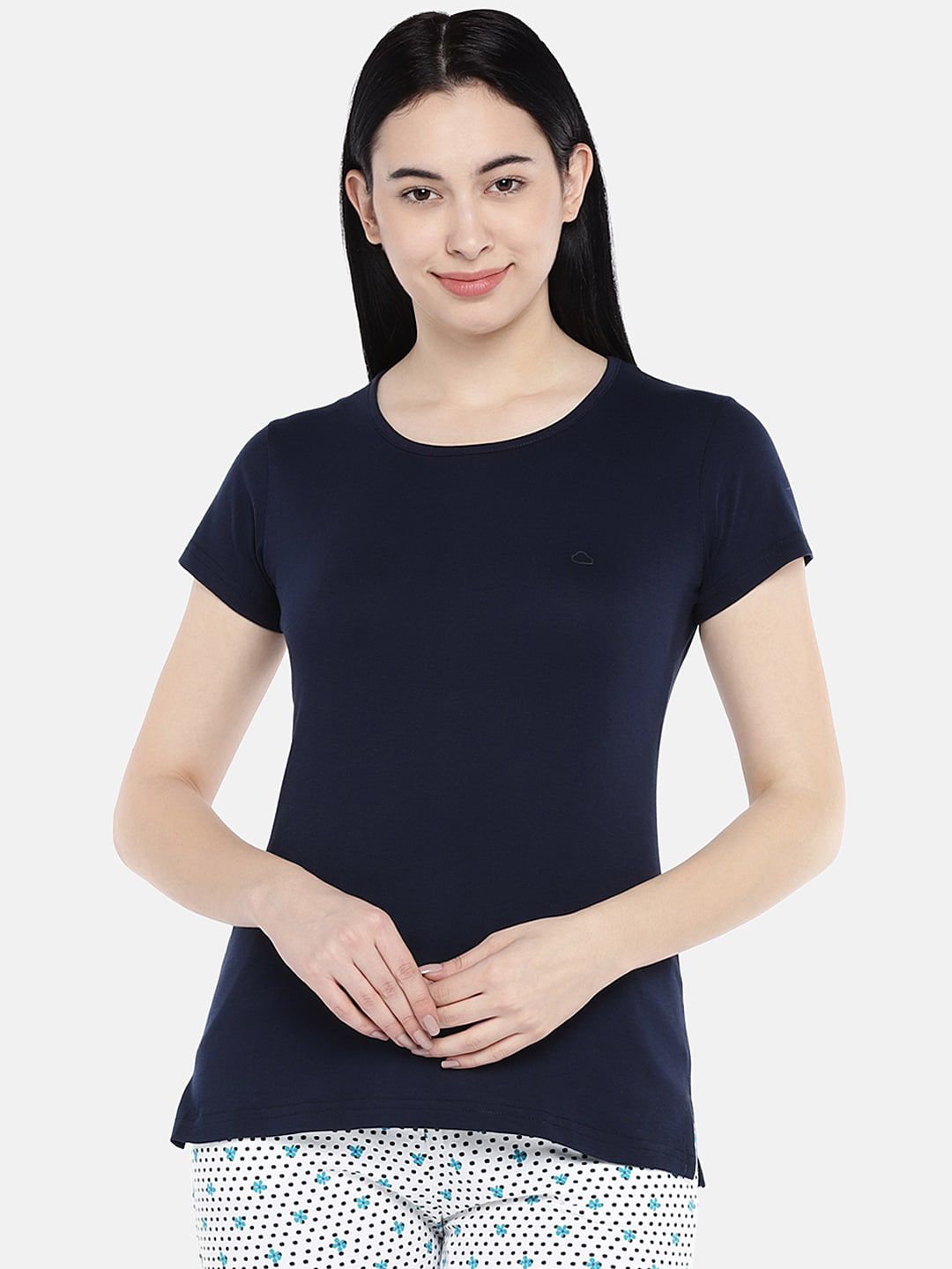 Sweet Dreams Women Navy Blue Solid Cotton Lounge T-Shirt Price in India