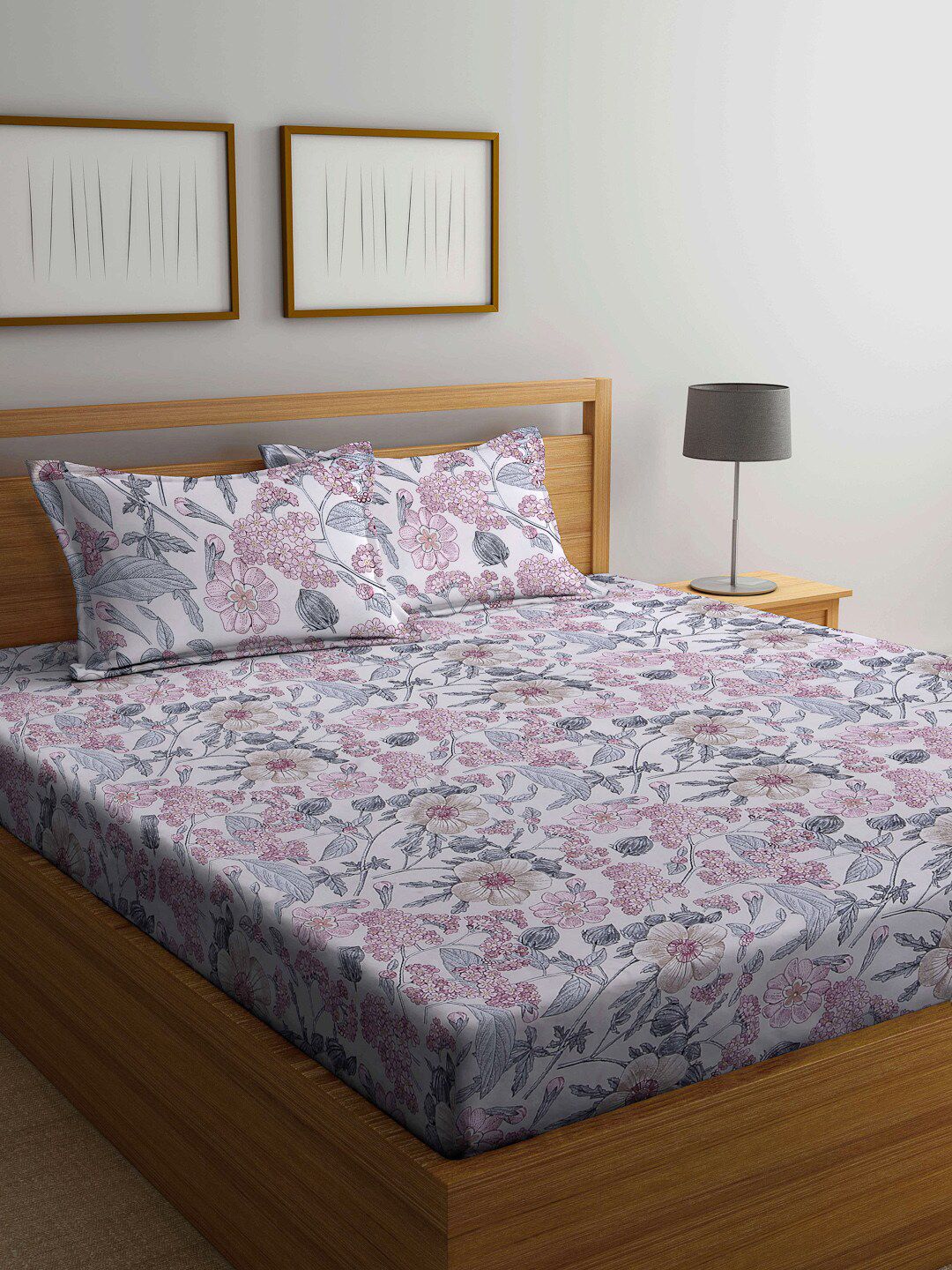 KLOTTHE White & Pink Floral 210 TC King Bedsheet with 2 Pillow Covers Price in India