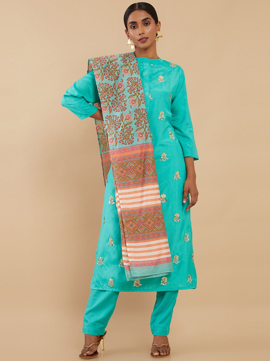 Soch Women Teal Embroidered Pure Cotton Kurta with Trousers & Dupatta Price in India