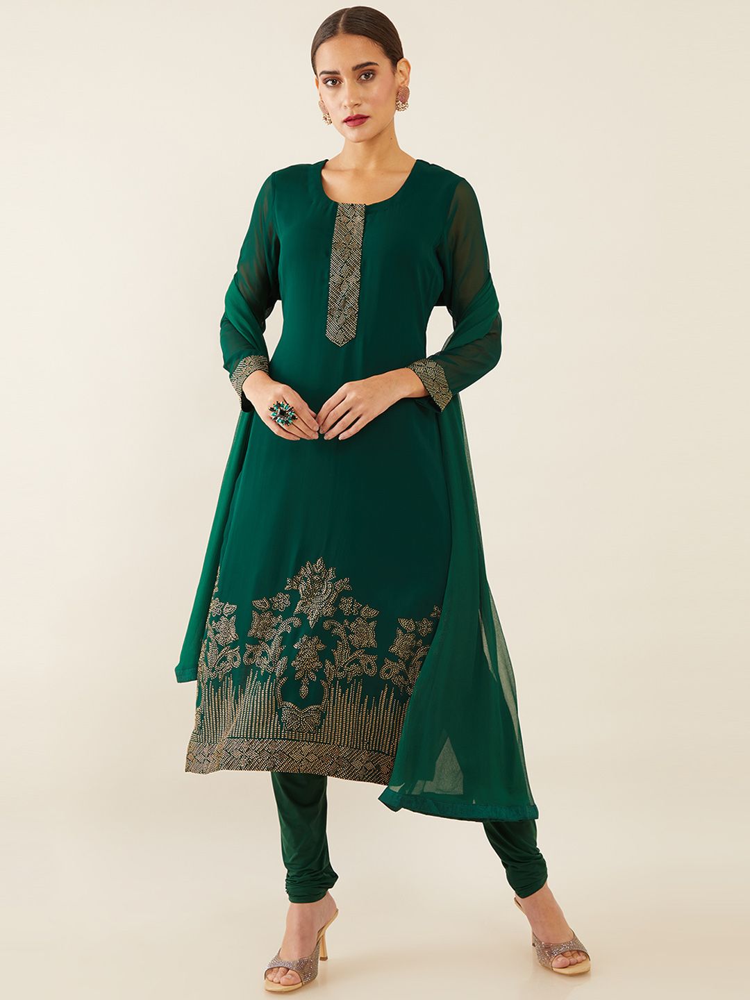 Soch Women Green Embroidered Silk Georgette Kurta with Churidar & Dupatta Price in India