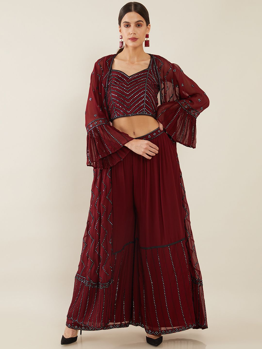 Soch Women Maroon Yoke Design Pleated Silk Georgette Top with Palazzo & Jacket Price in India