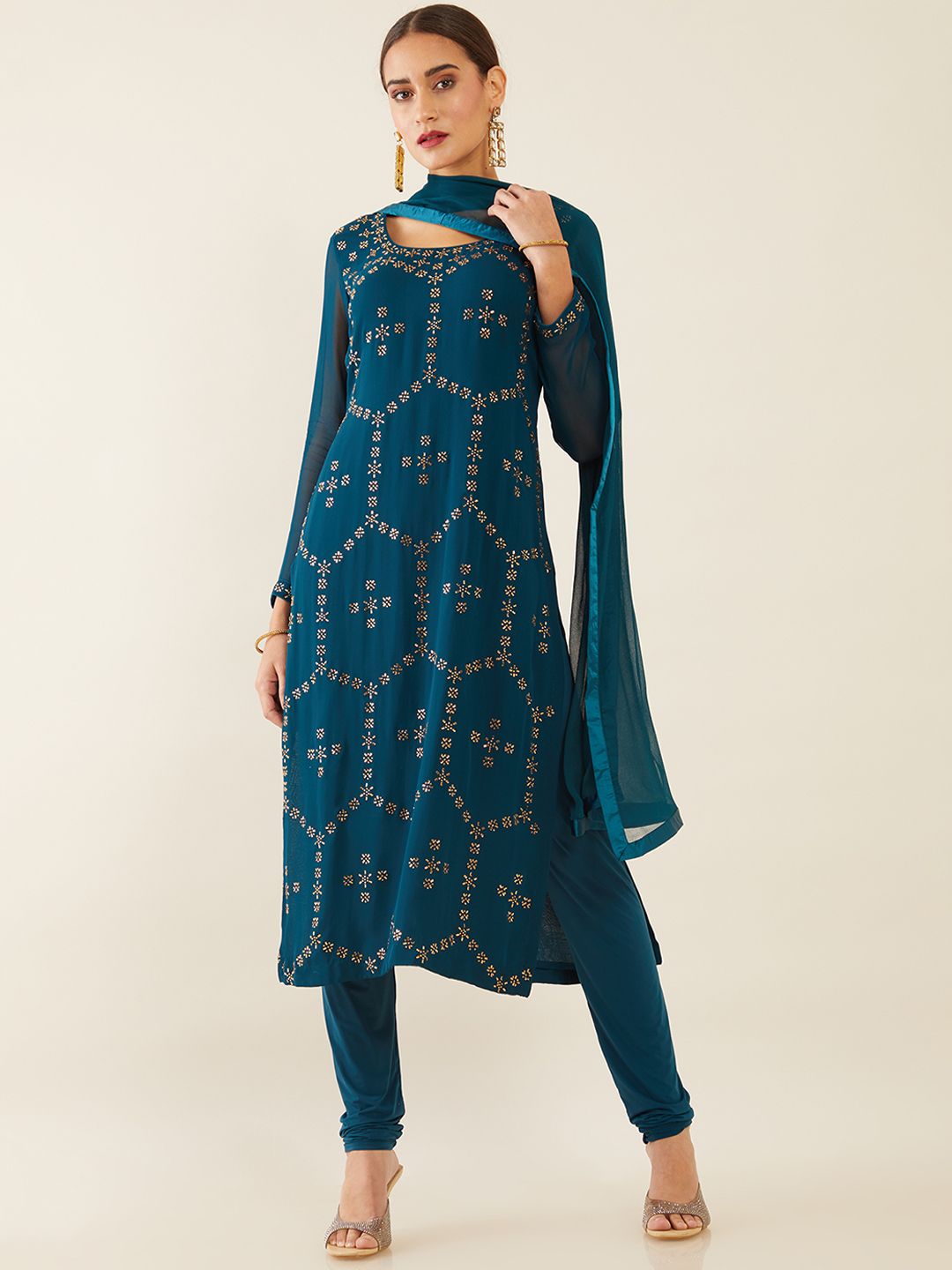 Soch Women Navy Blue & Gold-Toned Floral Silk Georgette Kurta with Churidar & Dupatta Price in India