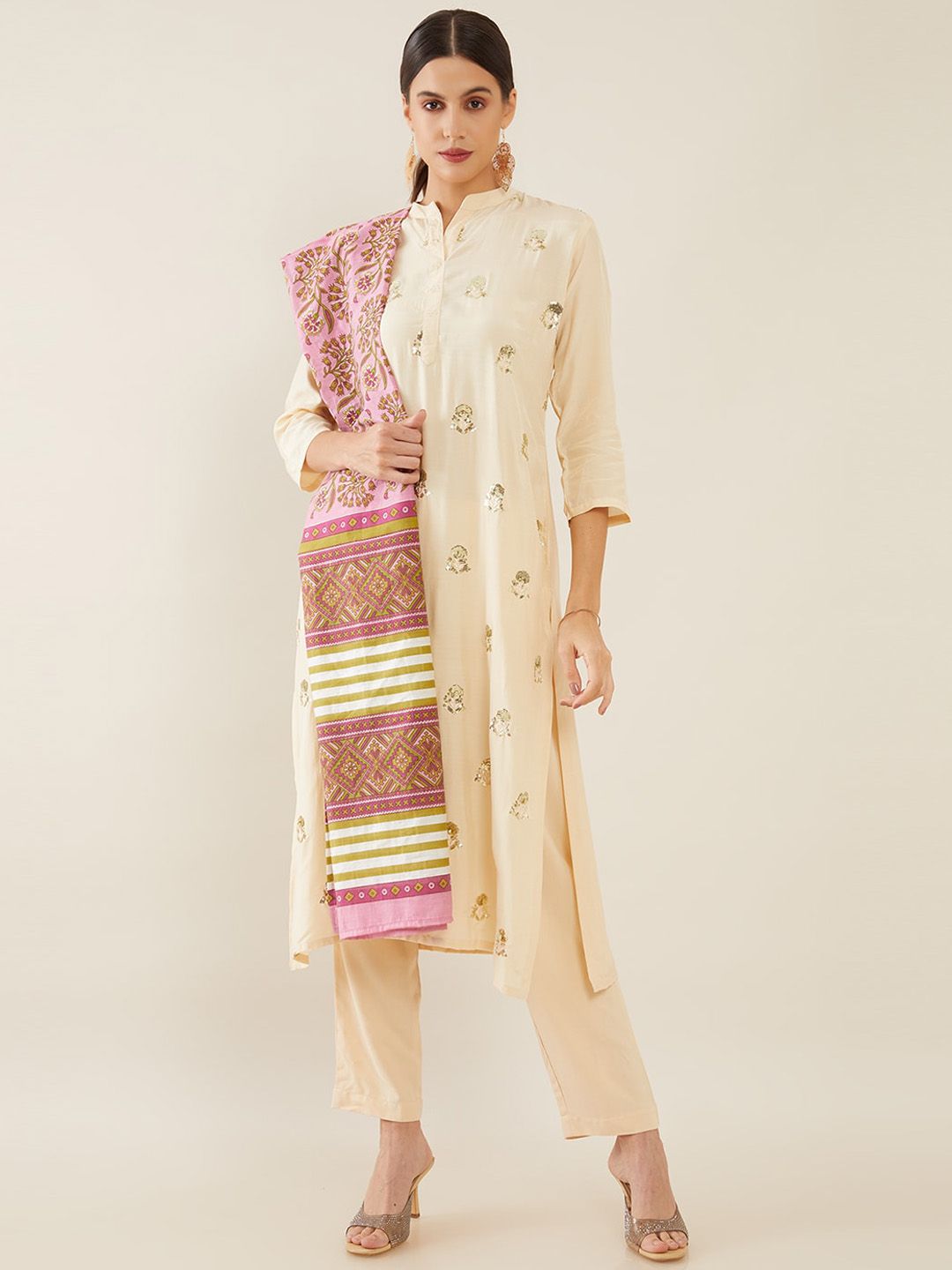 Soch Women Beige Ethnic Motifs Embroidered Sequinned Pure Cotton Kurta with Trousers & With Dupatta Price in India