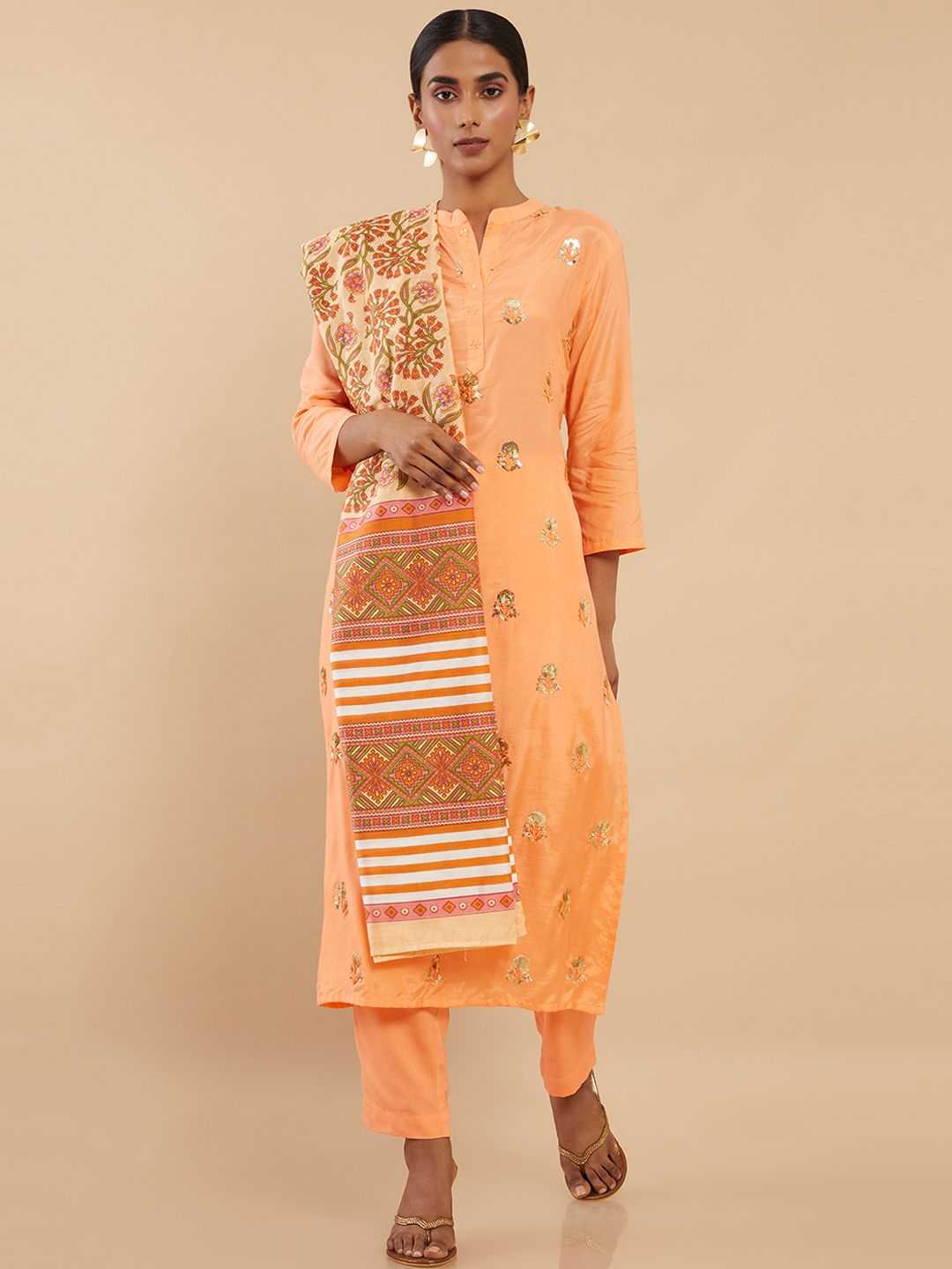 Soch Women Orange Floral Embroidered Pure Cotton Kurta with Trousers & Dupatta Price in India