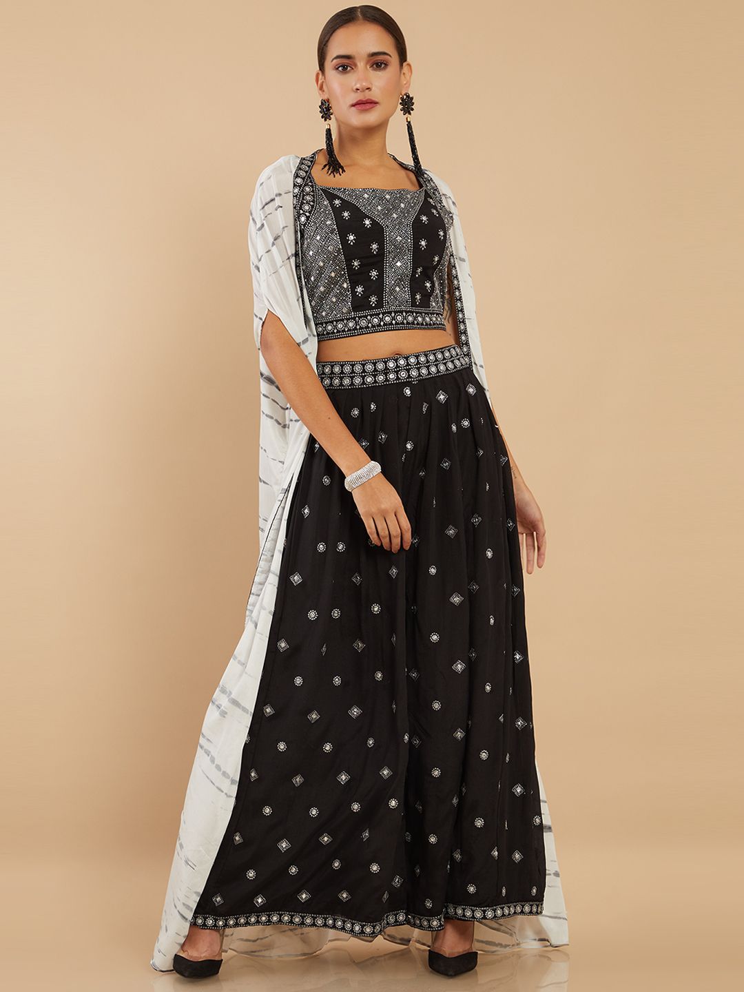 Soch Black & White Embellished Silk Ready to Wear Lehenga Choli With Jacket Price in India