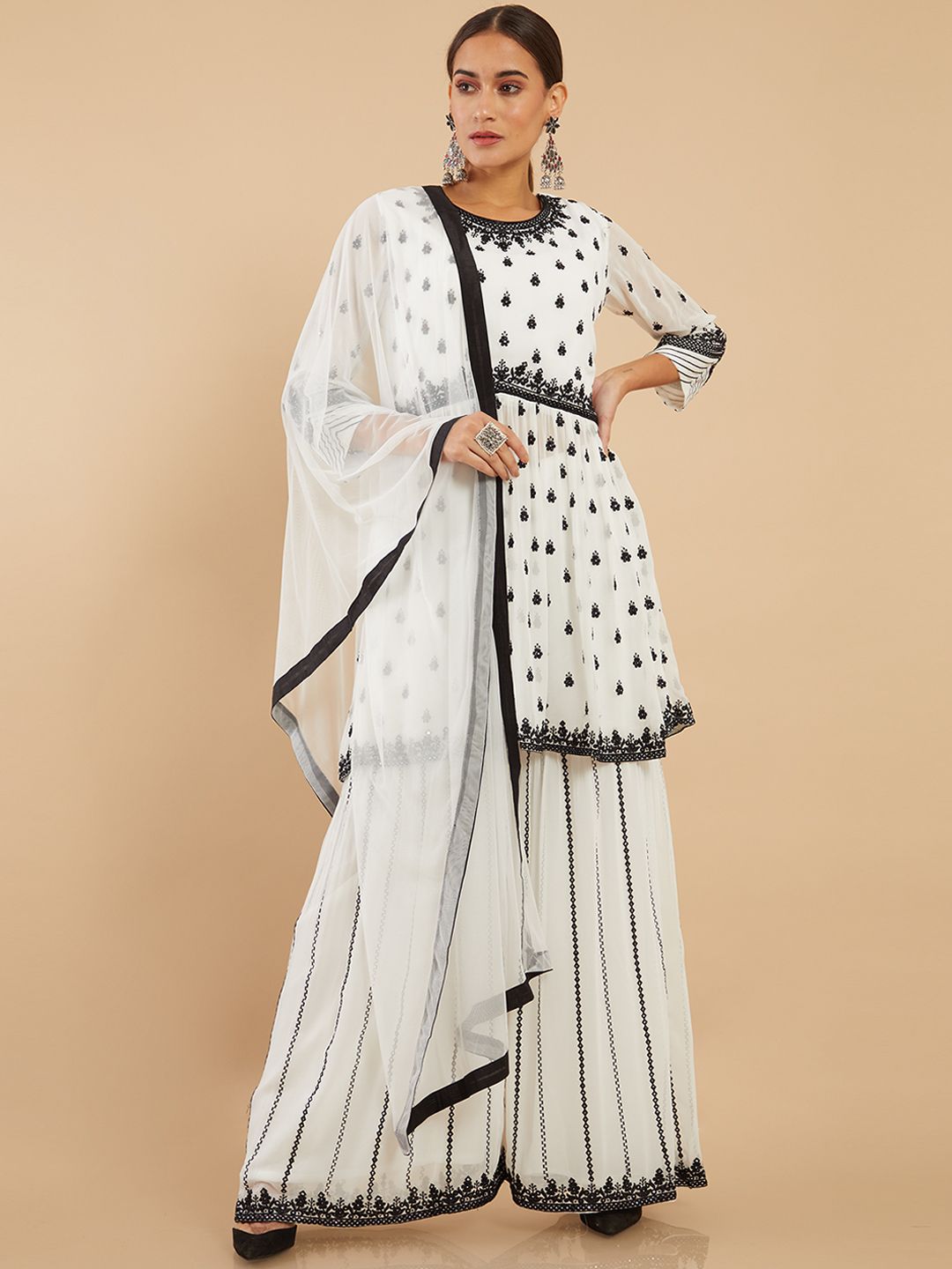 Soch Women White Floral Embroidered Silk Georgette Kurti with Palazzos & Dupatta Price in India