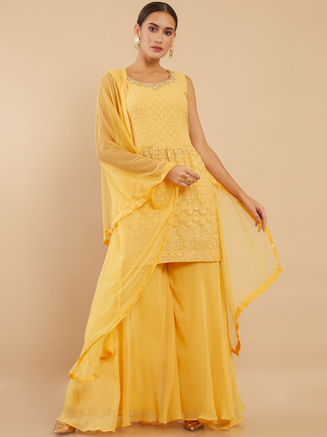 Soch Women Mustard Yellow Embroidered Silk Chiffon Kurti with Sharara & Dupatta Price in India