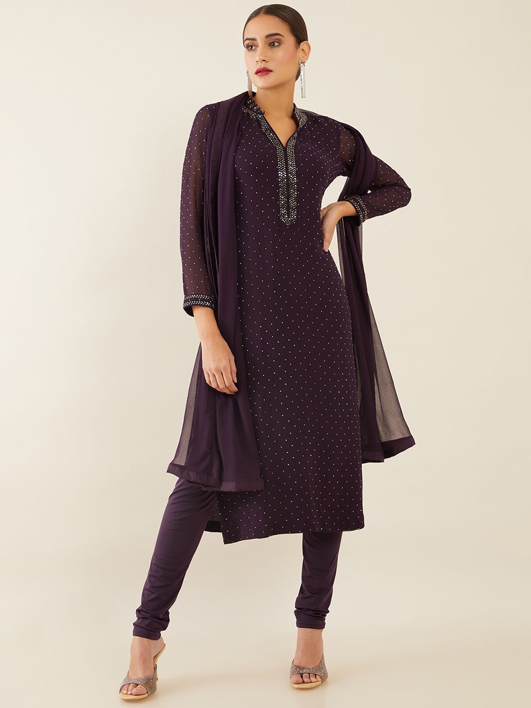 Soch Women Burgundy Embroidered Silk Georgette Kurta with Churidar & Dupatta Price in India