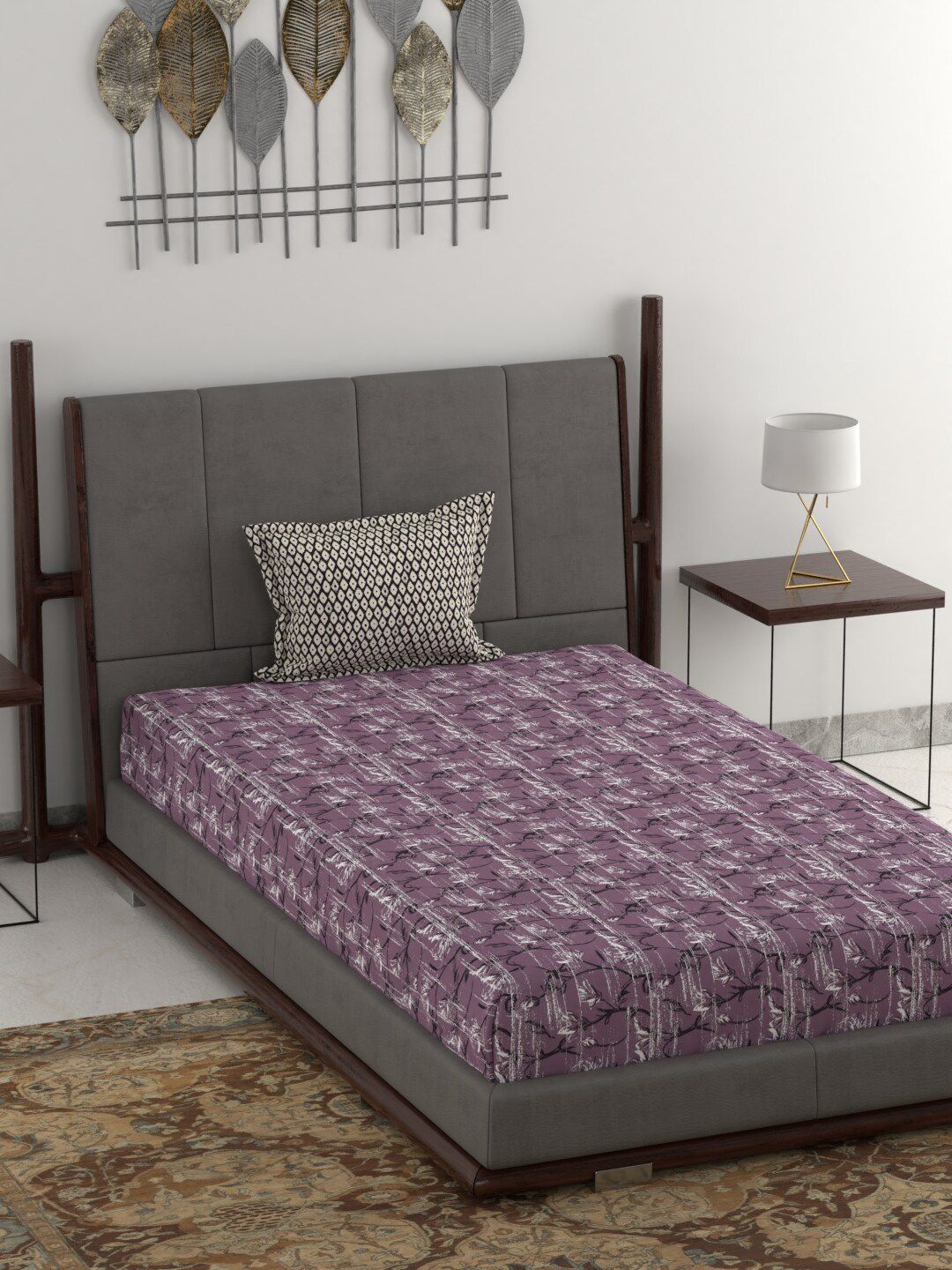 Trident Purple & White Graphic 120 TC Single Bedsheet with 2 Pillow Covers Price in India