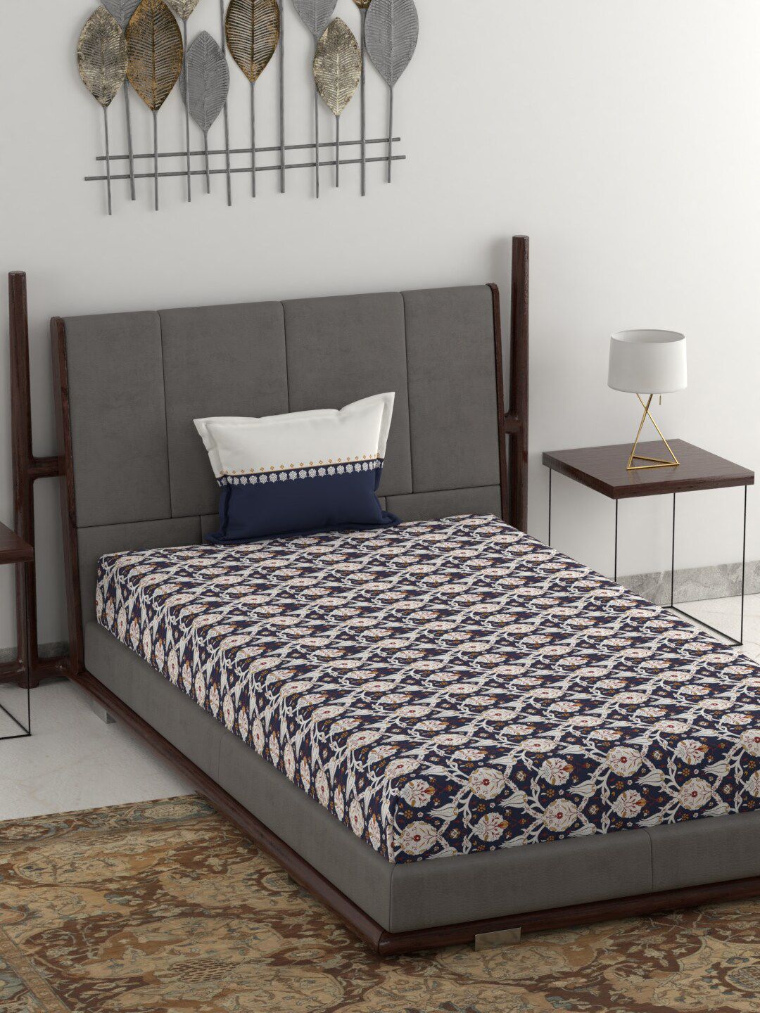 Trident Navy Blue & Off White Floral Cotton 120 TC Single Bedsheet with 1 Pillow Covers Price in India