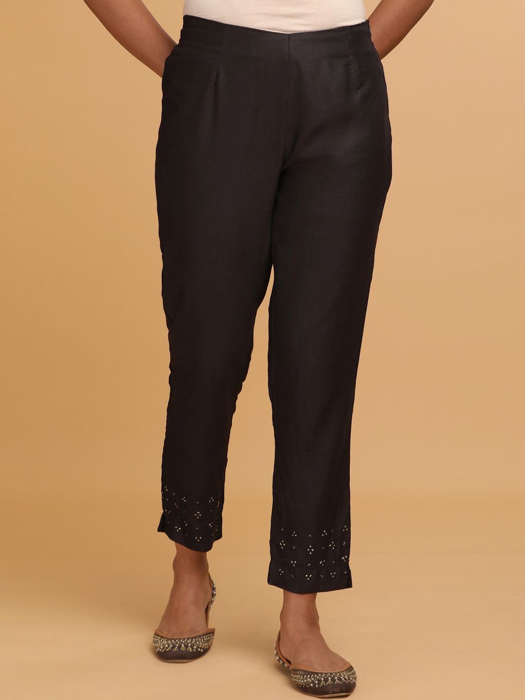 W The Folksong Collection - Women Black Solid Slim Pants Price in India