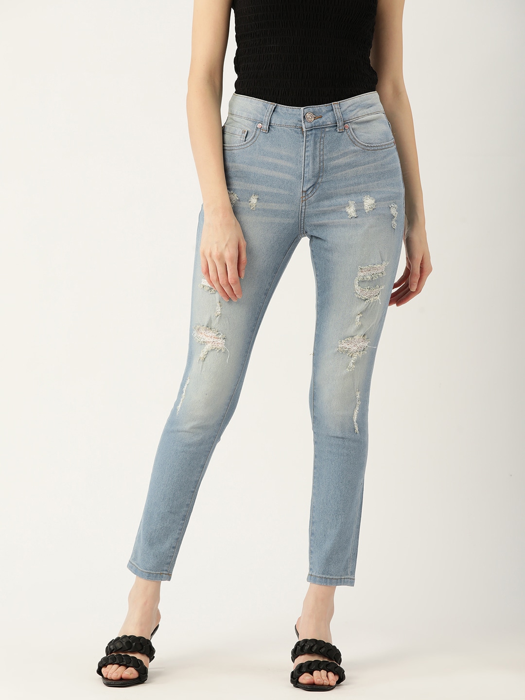 DressBerry Women Blue Skinny Fit Mildly Distressed Heavy Fade Stretchable Jeans Price in India